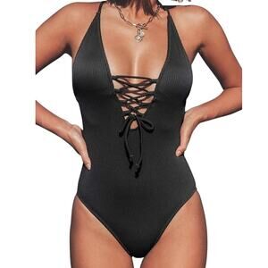 Cupshe Women's Lace Up Black One-Piece Size M Sexy Plunge Minimalist NWT